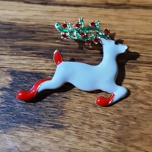 Enamel & Rhinestone Christmas Holiday Reindeer Brooch Pin
